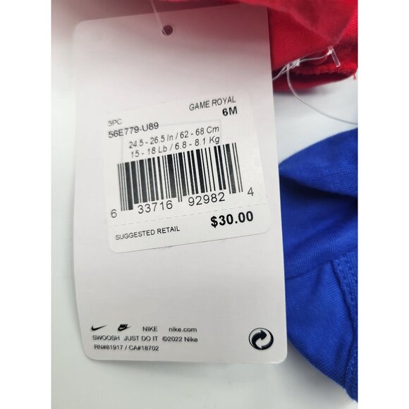 NIKE Baby 6M Set of 3 Game Royal One Piece Bodysuits Red Blue Gray Swoosh NWT - Picture 5 of 6